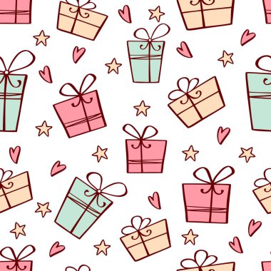 Vektör seamless modeli el ile çizilmiş hediye kutuları ve yıldız. Mükemmel bir tatil arka plan. Kağıt, web arka plan, duvar kağıdı sarma için kullanılabilir