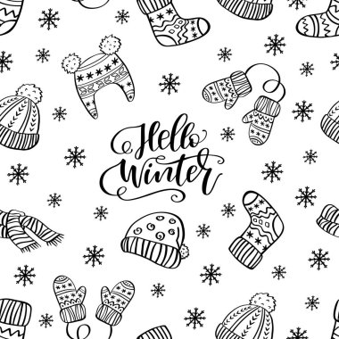 El ile Seamless modeli sıcak giysiler ve el yazısı ifade Merhaba kış çizilmiş. Mükemmel vektör tatil arka plan