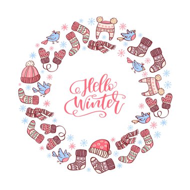 El çekilmiş kış simgesi el yazısı ile bir daire içinde Merhaba kış ifade. Yazdır T-shirt, poster, tebrik kartları için. Vektör çizim