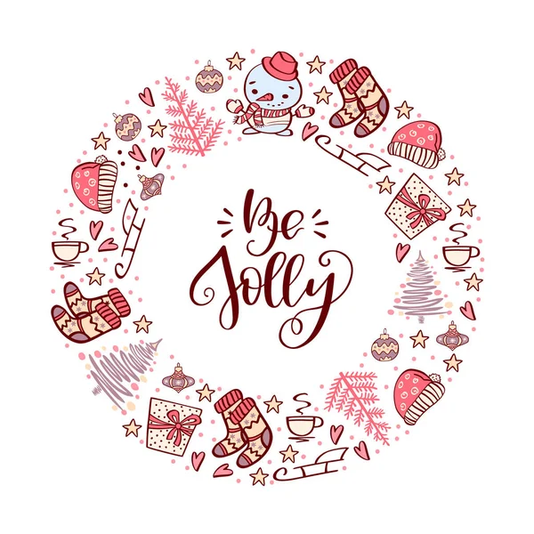 Tarjeta Navidad Con Símbolo Las Vacaciones Invierno Letras Saludo Jolly — Vector de stock