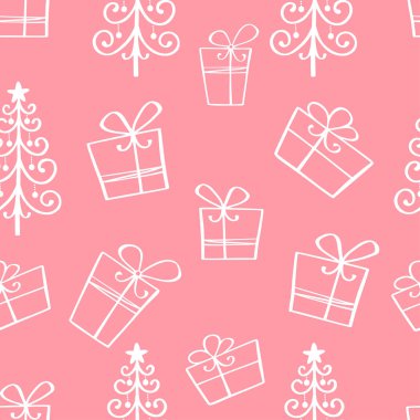 Vektör seamless modeli el ile çizilmiş hediye kutuları ve Noel ağacı. Mükemmel bir tatil arka plan. Kağıt, web arka plan, duvar kağıdı sarma için kullanılabilir