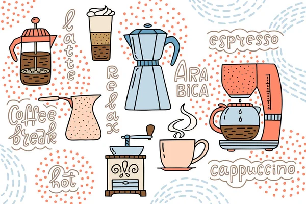 Kaffeemaschine Die Amerikanische Presse Kaffeemaschine Tasse Espresso Latte Und Mühle — Stockvektor