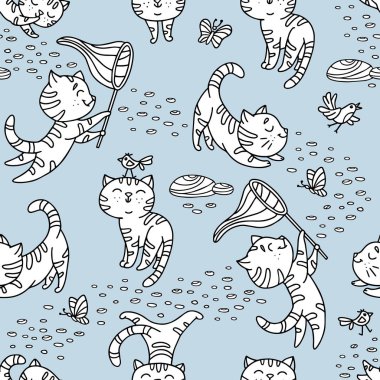 Çizilmiş oynak yavru kuş, kelebek, taşlar ile Seamless modeli. Şirin evde beslenen hayvan desen doodle tarzı ambalaj kağıdı, tekstil üzerinde baskı evde beslenen hayvan dükkan için arka plan için kullanabilirsiniz