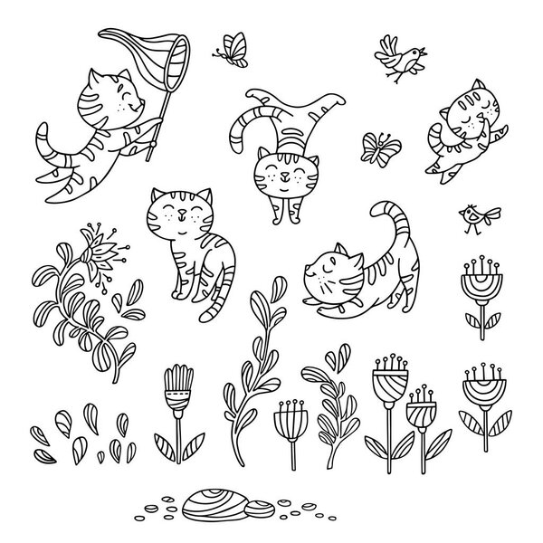 Ручной рисунок игривых котят с птицами, бабочкой, цветами. Коллекция милых котят может быть использована для поздравительных открыток, плакатов зоомагазина, наклеек на стенах. Векторная иллюстрация
.