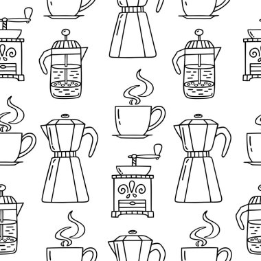El çekilmiş kahve makinesi, kahve değirmeni, Amerikan basınına ile Seamless modeli. Beyaz arka plan desen vektör, ambalaj kağıdı, bir kafe, kafeterya, Cafe dekorasyon için kullanılabilir. Vektör çizim