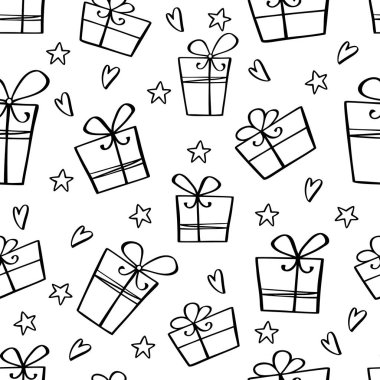 Vektör seamless modeli el ile çizilmiş hediye kutuları ve yıldız. Mükemmel bir tatil arka plan. Kağıt, web arka plan, duvar kağıdı sarma için kullanılabilir