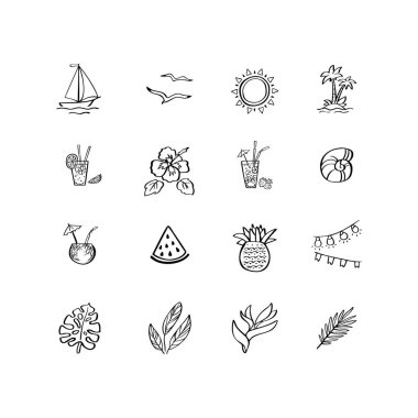 Vektör çizim el ile bir plaj partisi için yaz tatil simgeleri çizilmiş. Kartpostal, kupa, poster için tasarım öğeleri. t-shirt, etiket, damga