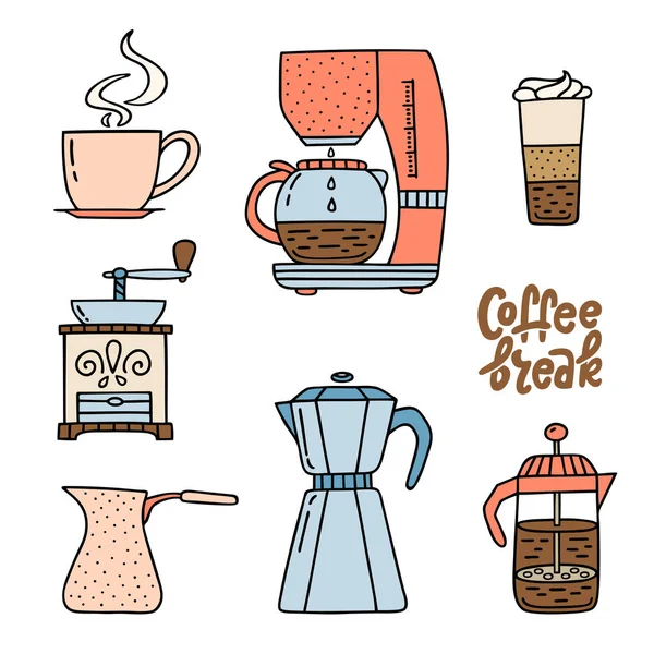咖啡机 美国印刷机 咖啡机 一杯浓缩咖啡 拿铁和磨床 手绘的咖啡时间符号和手写短语的收藏品 宣传单的设计元素 向量例证 — 图库矢量图片
