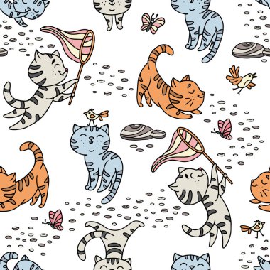 Çizilmiş oynak yavru kuş, kelebek, taşlar ile Seamless modeli. Şirin evde beslenen hayvan desen doodle tarzı ambalaj kağıdı, tekstil üzerinde baskı evde beslenen hayvan dükkan için arka plan için kullanabilirsiniz