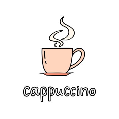 El fincan kapuçino el yazısı ifade Cappuccino ile çekilmiş. Kullanılabilir kahve arası poster, kartı, broşür için. Vektör çizim