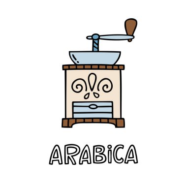 El yazısı deyimle Arabica kahve değirmeni çekilmiş. Kullanılabilir kahve arası poster, kartı, broşür için. Vektör çizim