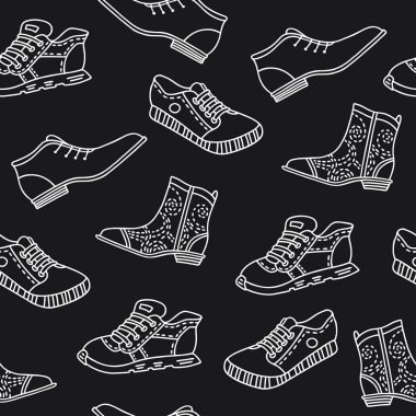 El ile Seamless modeli ayakkabı çizilmiş. Çizgi stili siyah arka plan üzerine desen vektör, kağıt ambalaj için kullanılan, bir ayakkabıcıda süslemeleri
