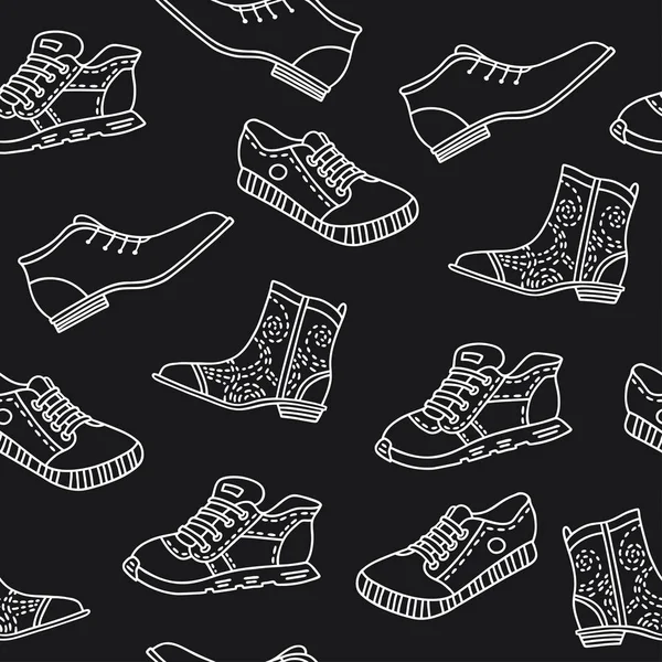 El ile Seamless modeli ayakkabı çizilmiş. Çizgi stili siyah arka plan üzerine desen vektör, kağıt ambalaj için kullanılan, bir ayakkabıcıda süslemeleri
