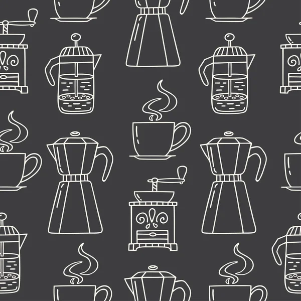 Безглазый Узор Нарисованной Вручную Кофеваркой Граблями Американской Прессой Чашкой Кофе — стоковый вектор