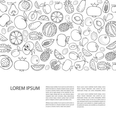 Poster şablonu el ile meyve çizilmiş. Benzersiz satır stil vektör çizim. Organik ürün için sağlıklı gıda kavramı, metin için yer. Yatay kompozisyon