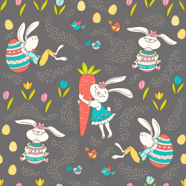 El renkli Paskalya tavşanı, yumurta, kuşlar doodle tarzında çekilmiş