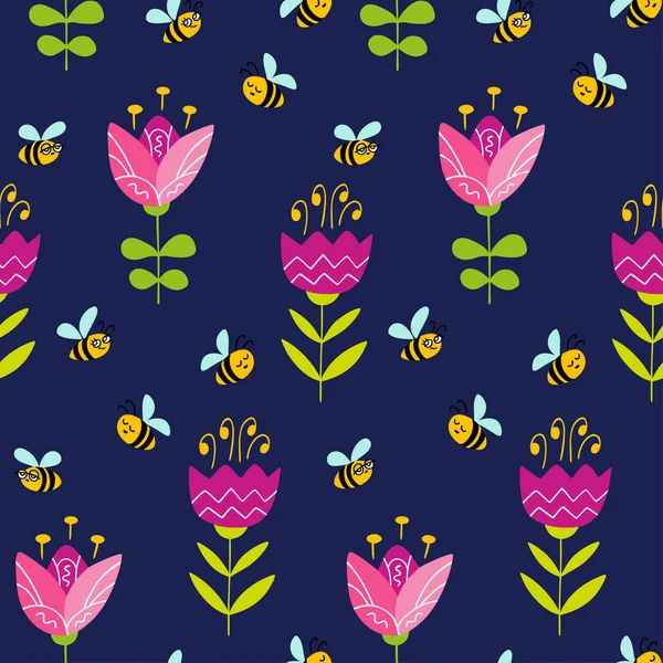 Seamless pattern with doodle flowers and bees — Stock Vector