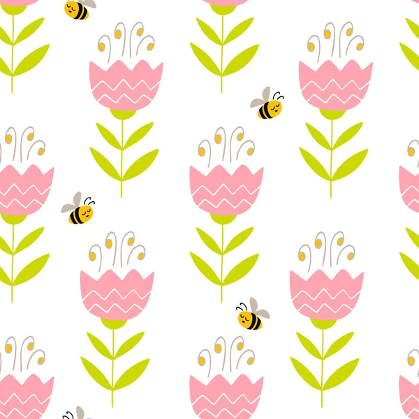 Seamless pattern with hand drawn flowers and bees. — Stock Vector