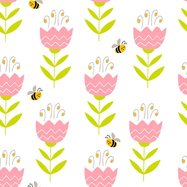 手绘鲜花和蜜蜂的无缝图案. 图库矢量图片