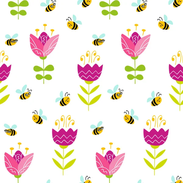 Seamless pattern with hand drawn blooming flowers and bees. — Stock Vector