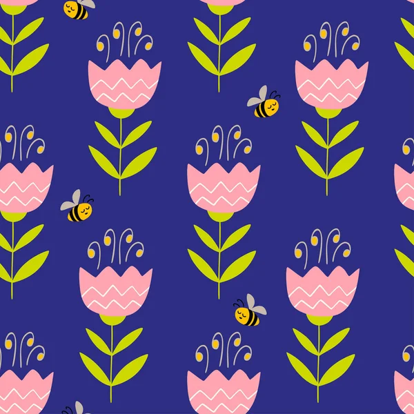 Patrón sin costura vectorial con flores y abejas dibujadas a mano — Vector de stock