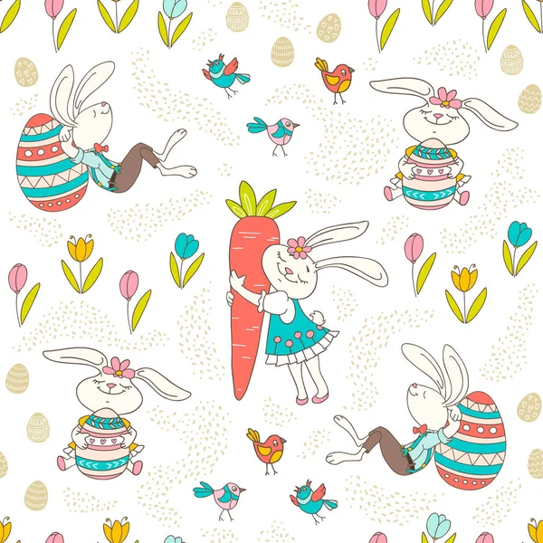 El renkli Paskalya tavşanı, yumurta, kuşlar doodle tarzında çekilmiş