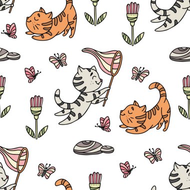 Kelebek ile elle çizilmiş eğlenceli kedi yavruları ile dikişsiz desen,