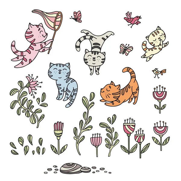 Kuşlar, kelebek, çiçekler ile el çizilmiş eğlenceli kedi yavruları