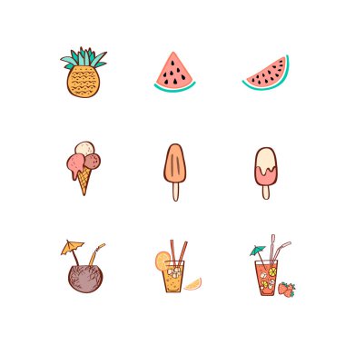 Geleneksel yaz gıda el çizilmiş simge doodle tarzında ayarlanmış
