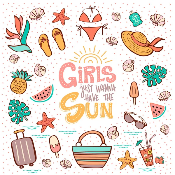 Huruf tangan frase Girls Just Wanna Have the Sun dan musim panas v - Stok Vektor