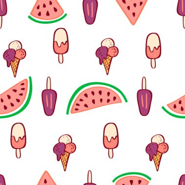 El çizilmiş renkli dondurma ve karpuz Doodle tarzında 