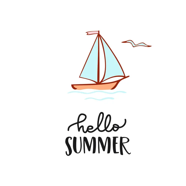 Surat tangan Hello Summer dan perahu layar. Ilustrasi vektor - Stok Vektor