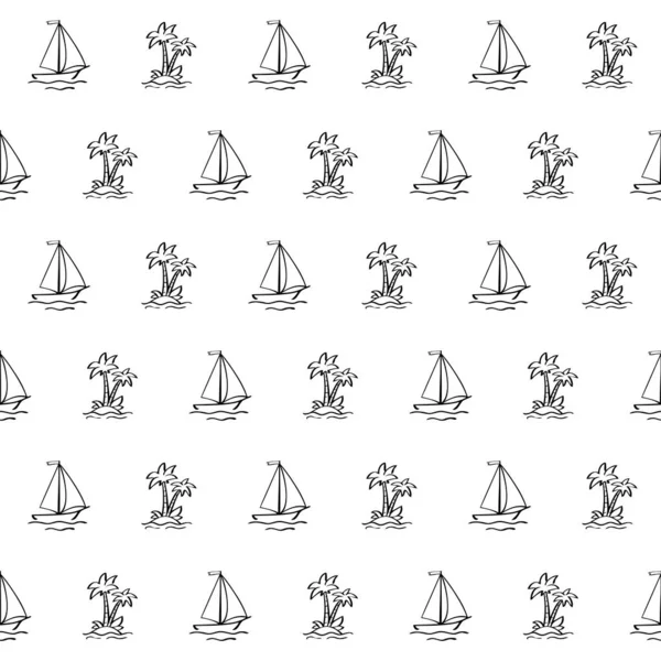 Barca a vela e palma disegnate a mano sull'isola in stile doodle — Vettoriale Stock