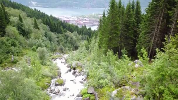 Cascade dans les montagnes de Norvège par temps pluvieux de l'air vue du drone — Video