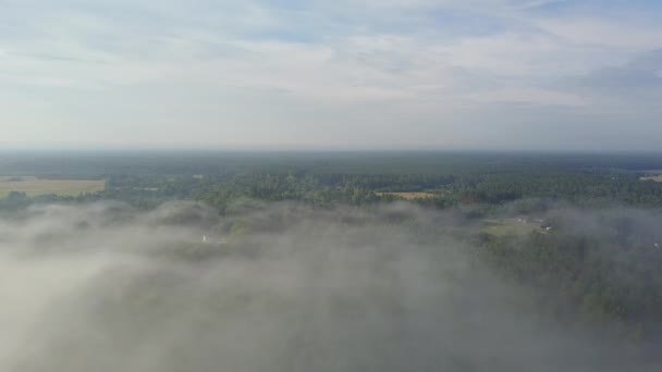 Mistige zonsopgang boven platteland pad luchtfoto Letland — Stockvideo