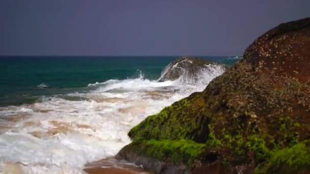 Costa oceânica com ondas e rochas — Vídeo de Stock