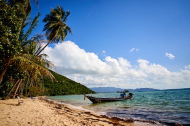 Tayland tropikal bir plajda Tekne