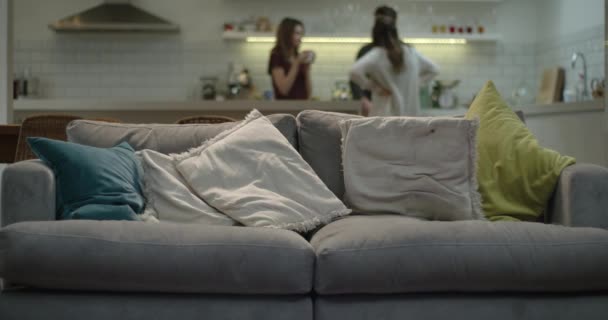 Leere Couch Mit Einer Gruppe Von Freunden Die Sich Hintergrund — Stockvideo