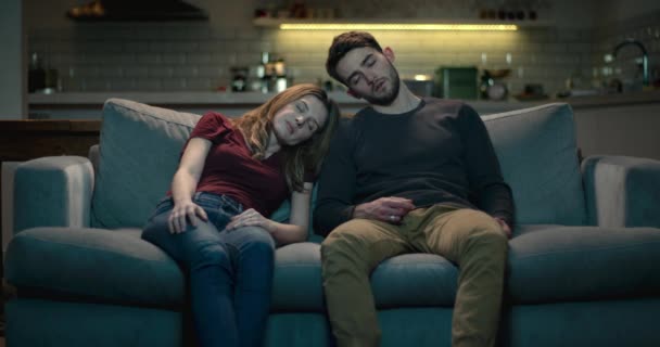 Tired Exhausted Young Couple Asleep Sofa Long Day — Stock Video ...