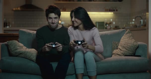 Competitive Couple Push Shove Each Other Play Video Game Home — Stock Video