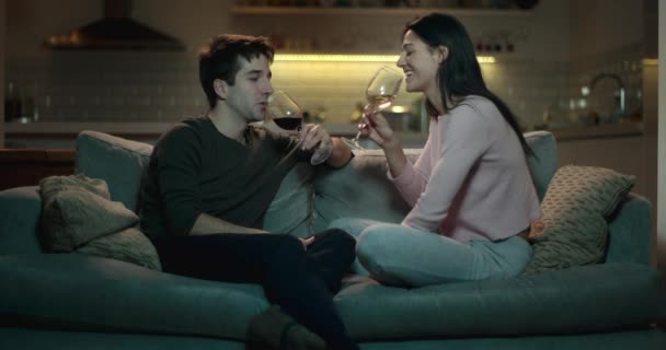 Man Och Kvinna Sitter Soffa Som Njuter Ett Glas Vin — Stockvideo