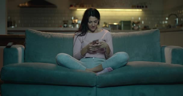 Woman Sitting Sofa Using Her Phone Message Her Friendsrejected Visible — Stock Video