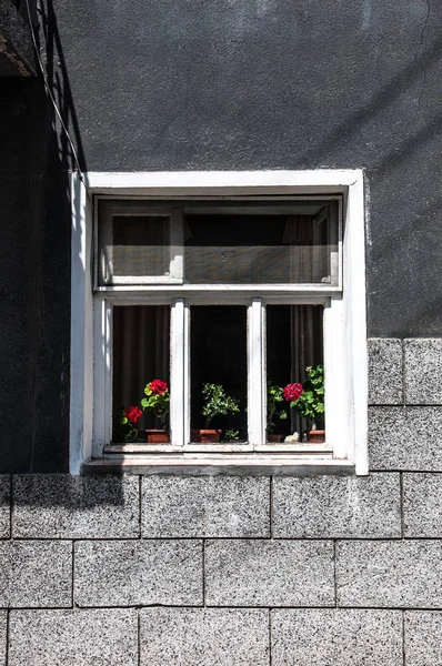 Zeď Starého Kamenného Domu Okny Pro Váš Design — Stock fotografie