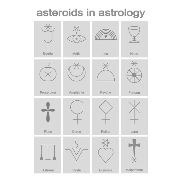 Set Van Zwart Wit Pictogrammen Met Symbolen Van Asteroïden Astrologie — Stockvector
