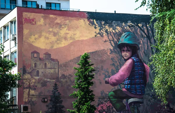 Asenovgrad Plovdiv Bulgaria 2018 Street Mural Asenovgrad Showing Boy Bicycle — Stock Photo, Image