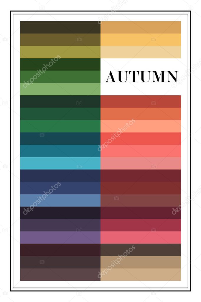 Stock vector color guide. Seasonal color analysis palette for autumn type. Type of female appearance