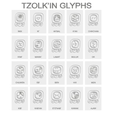 vector icon set with Tzolk'in calendar named days and associated glyphs clipart