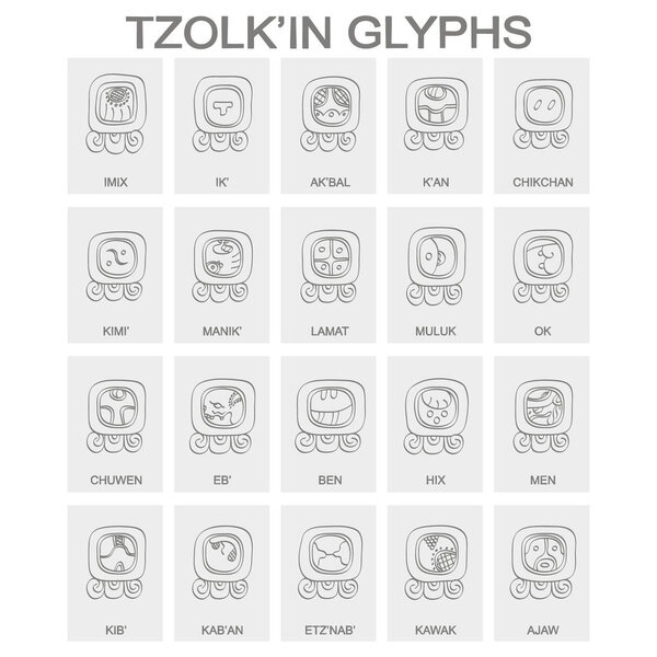 vector icon set with Tzolk'in calendar named days and associated glyphs