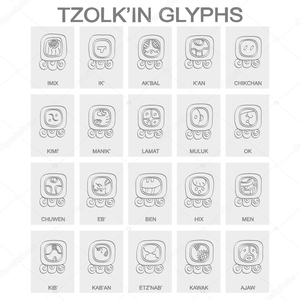 vector icon set with Tzolk'in calendar named days and associated glyphs