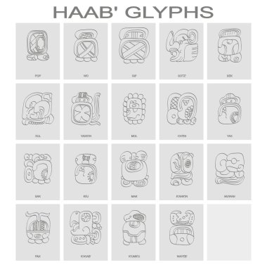 vector icon set with Haab Maya calendar named months and associated glyphs  clipart